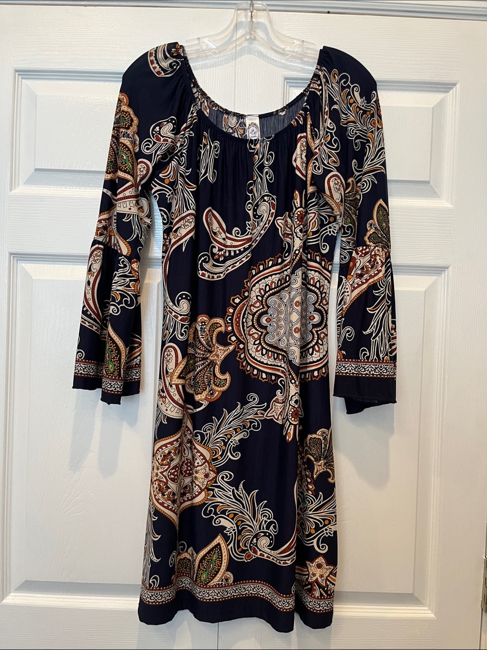 Navy Paisley Long-Sleeve Scoop-Neck Dress
